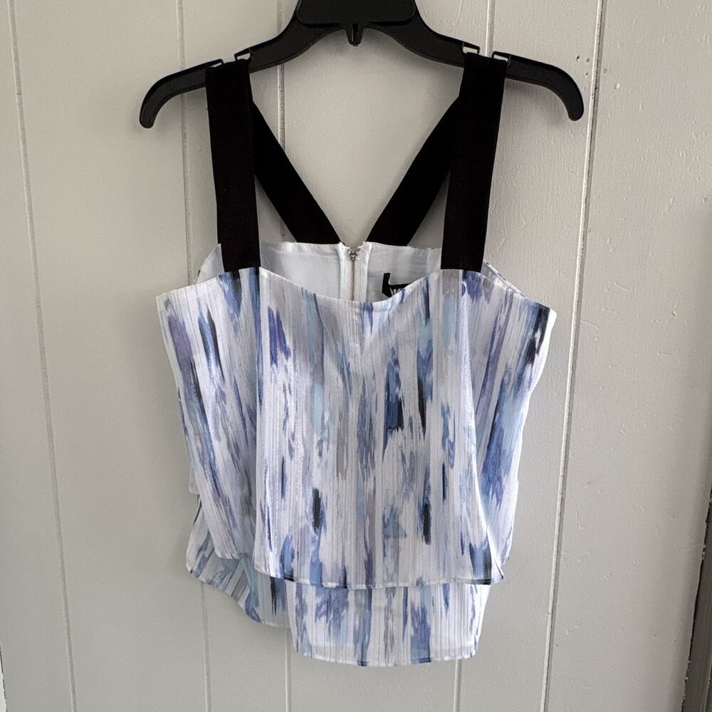 DKNY Women’s Size M Blue/White Abstract Chiffon Tank Cami Square Neck Zip - Picture 3 of 7